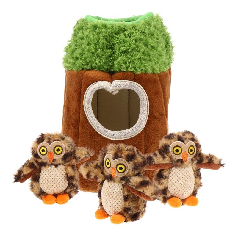 4Pcs Dog Squeaky Plush Toy Tree Trunk Squeaky Plush Toy Pet Chewing Plaything Hide And Seek Activity Game Toys For Dogs Cats: Leopard owl