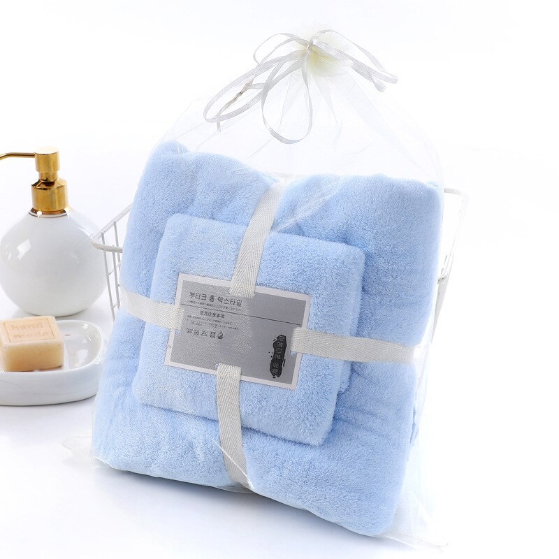 2Pcs Badhanddoek + Handdoek Set Hoge-Dichtheid Coral Fleece Volwassen Zachte Absorberende Facial Handdoek Huishoudelijke Badkamer Handdoeken: Light blue