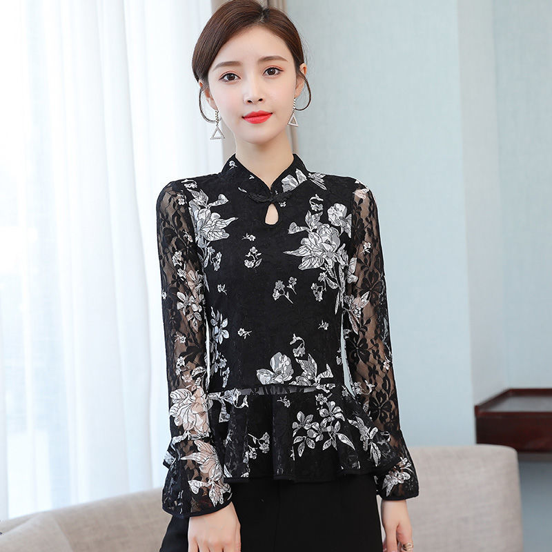 Camisa de estilo Oriental para mujer, blusa tradicional de flores, camisas de Hanfu de talla grande 3XL, Top de encaje , ropa tipo Tang