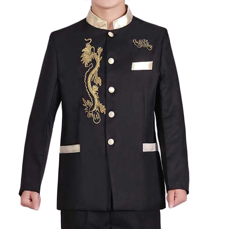 Túnica de estilo chino para hombre, chaqueta con bordado de dragón, cuello levantado dorado, traje de actuación de escenario, abrigo de un solo pecho: Black / M - 1 Piece Jacket