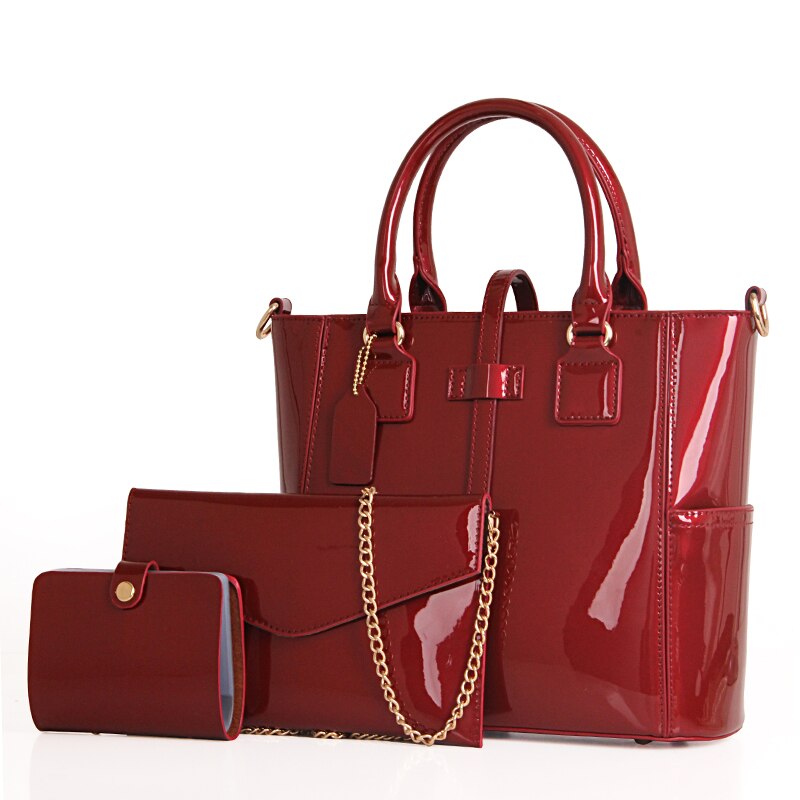 Casual Large Capacity 3 In 1 Tote PU Leather Shoulder Bags for Women Solid Color Handbag: Wine Red