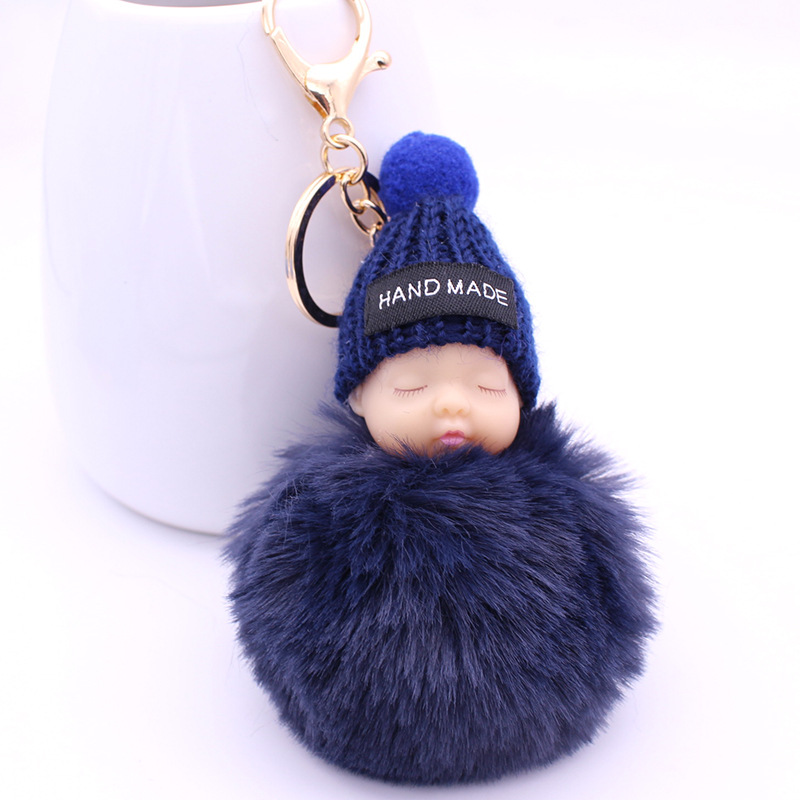 ISINYEE Leuke Slapen Babypop Sleutelhangers Voor Vrouwen Bag Speelgoed Sleutelhanger 8 cm Pluizige Pom pom Faux Bont Sleutelhanger Trinket Sieraden: navy