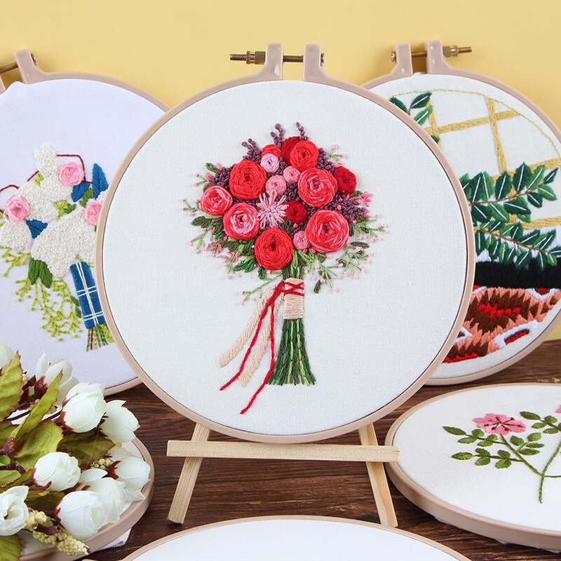 DIY Stamped Embroidery Starter Kit Handmade Embroidery Bouquet Material Package Embroidery Cloth Color Threads Tools Kit