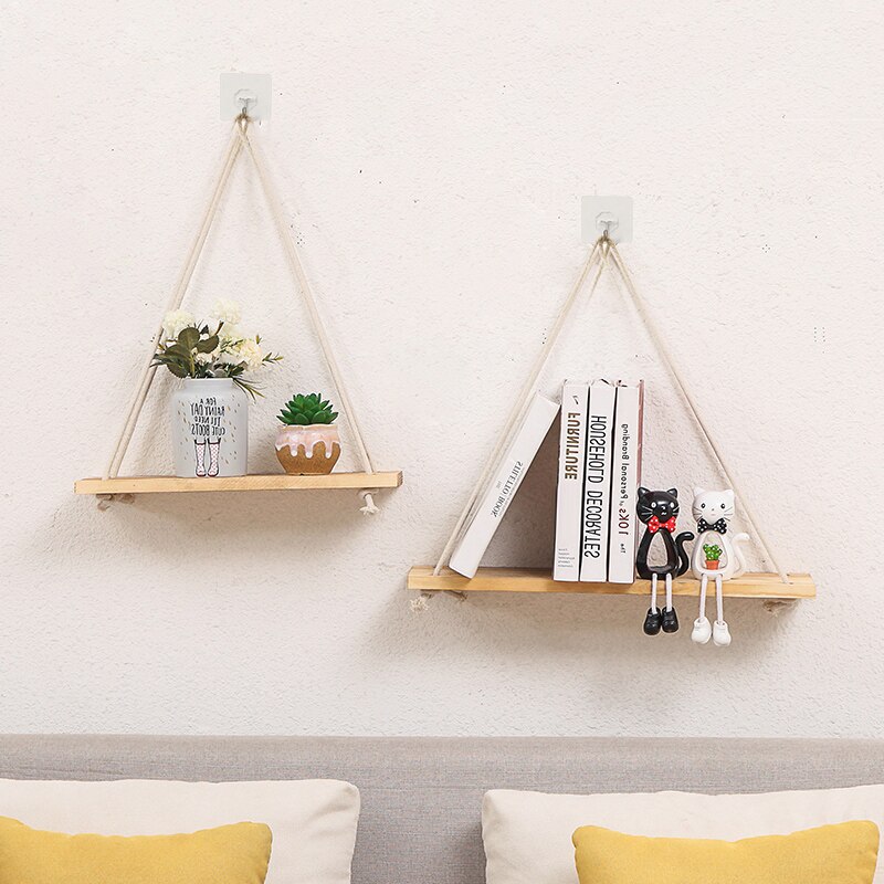 Flower Pot Sling Hanging Hook Wall Plank Ornaments Hanging Basket wooden Storage Stand Nordic Wall Swing Shelf Wood