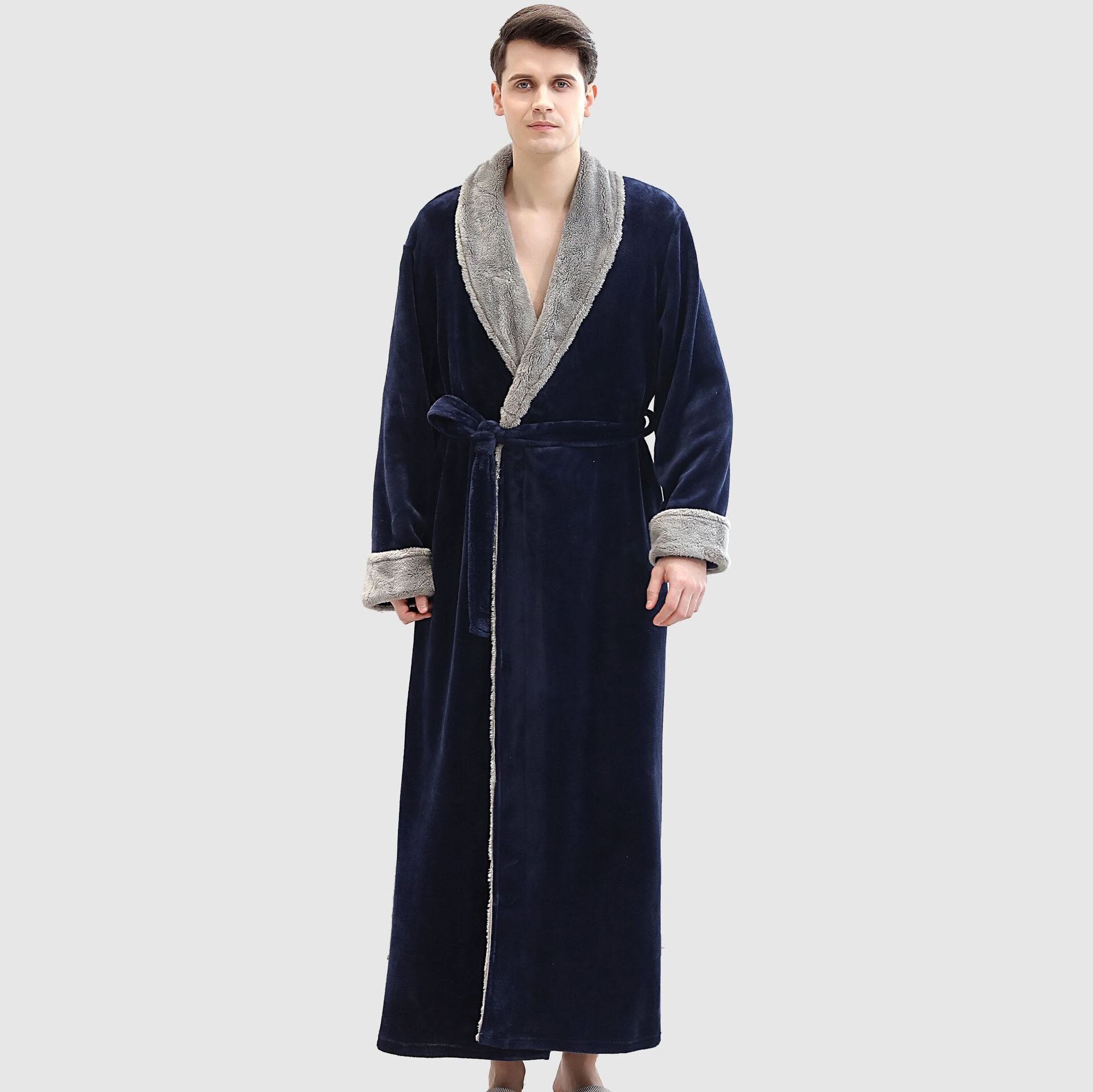 Flannel couple nightgown cross-section coral fleece men's long thick bathrobe bathrobe men robe bath robe bathrobe men: Dark blue / XL