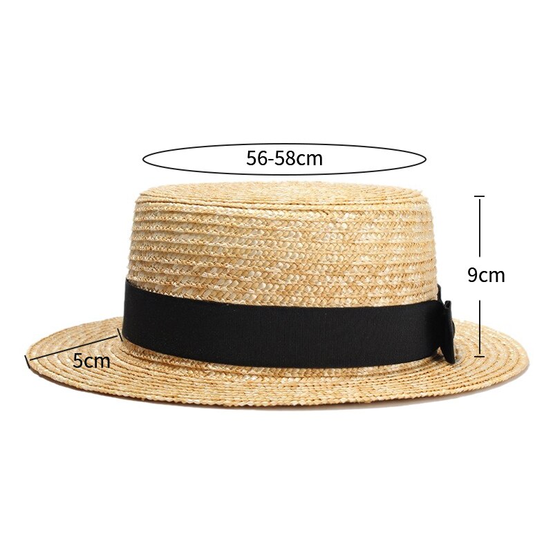 Sun Hats Natural Wheat Straw Boater Top Hat Women Summer Beach Flat Brim Cap Bowknot Ribbon for Sombreros De Sol