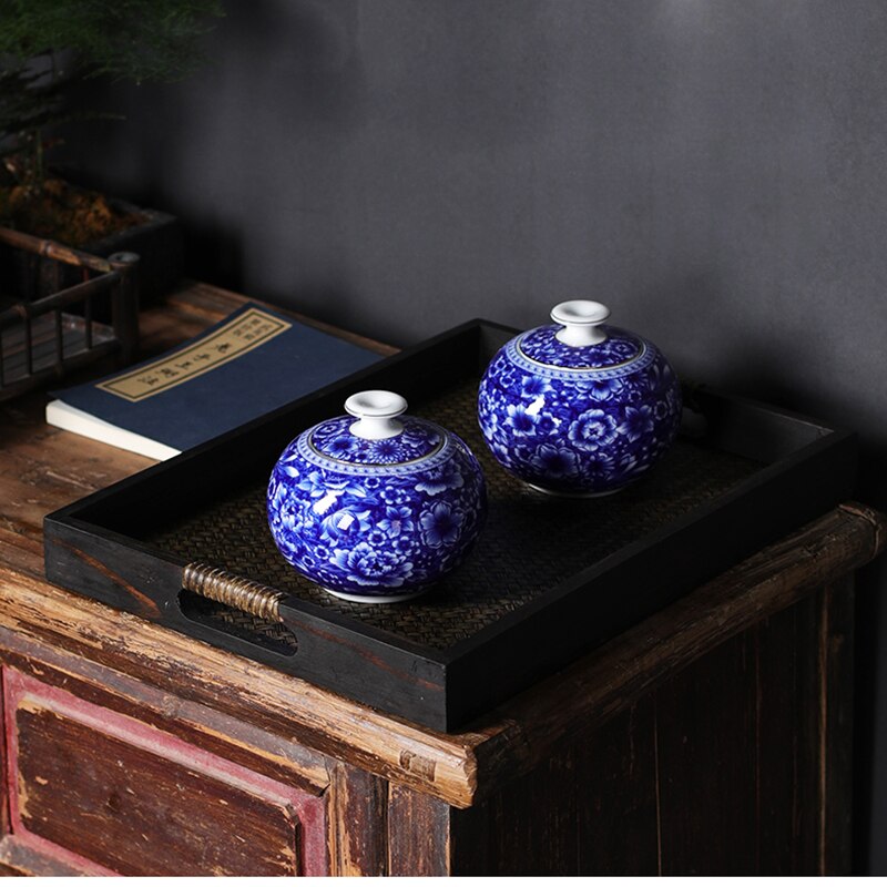 Blue and White Porcelain Storage Jars Small Ceramic Peony Pattern Airtight Jars Classical Porcelain Tea Cans Kitchen Containers