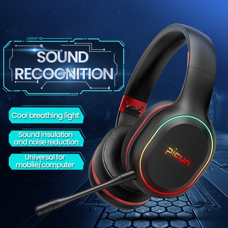 Picun P80S Bluetooth Wireless & Wired Oortelefoon Gaming Hifi Led Licht Sterke Bas Stereo Headset Met Microfoon Mobiele Games Hoofdtelefoon