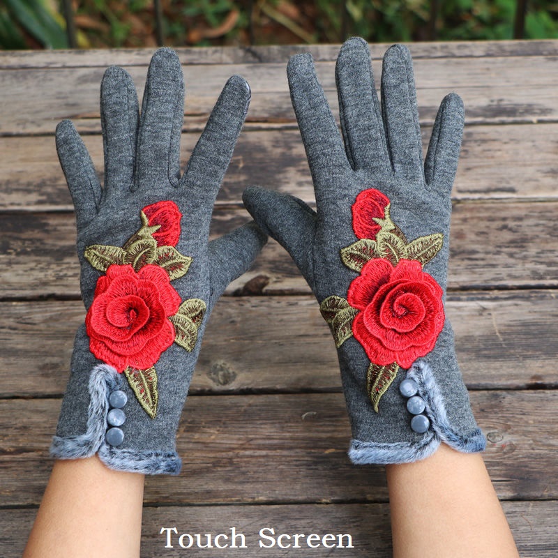 Punk Cotton Driving Fingerless Gloves For Women Gloves Winter Touch Screen Flowers Embroidery Gloves Autumn Winter: Gray