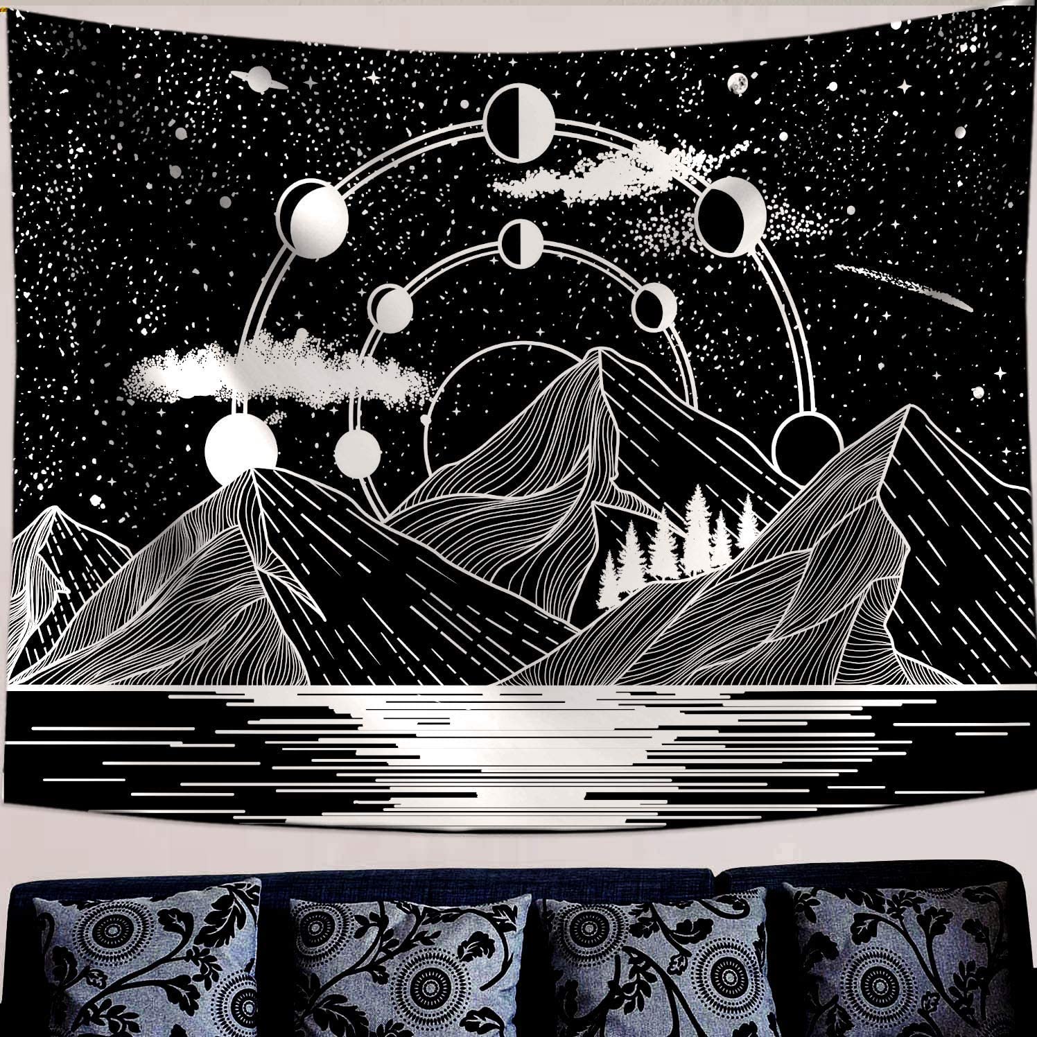 Mountain Moon Stars River Black and White Art Tapestry Wall Hanging Blanket Home Decoration Aesthetic Bedroom House Decor: 230X150CM