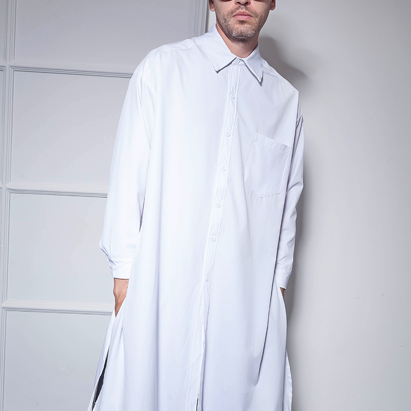 Super Lange Mannen Lange Mouwen Over De Knie Lange Shirt Europese En Amerikaanse Street Style Losse Hip hop Persoonlijkheid Jeugd