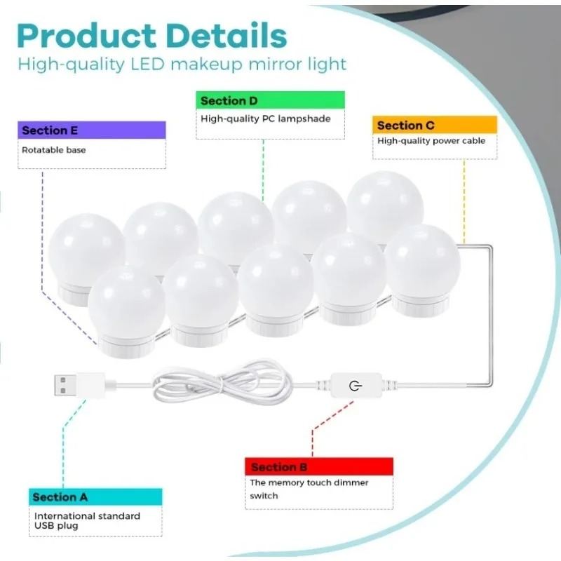 Makeup Mirror LED Light Bulbs USB 5V Bathroom Dressing Table Vanity Lights Hollywood Dressing Table Mirror Lighting