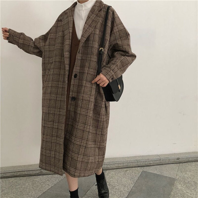 Vinter check fløjl frakke kvinde hakket varm ternet uld kvinders frakker fleece kontor dame vintage lang overfrakke kvinde