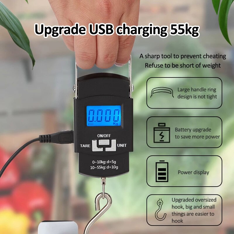 USB Charging 55KG/10g Mini Electronic Portable Digital Scale LED Display Precision Luggage Weight Hanging Scale Fishing Balance