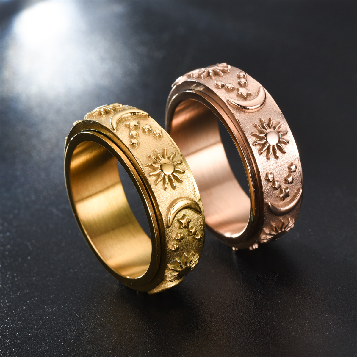 Anillo relajante bohemio con forma de estrella y Luna para hombre, Spinner giratorio de acero inoxidable, anillos antiestrés, joyería