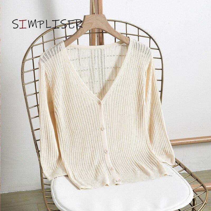 Ice Silk Thin Cardigans Women Summer Knitted V-neck Long Sleeve Sweaters Knit Sweater Women Cardigan Femme Black Pink