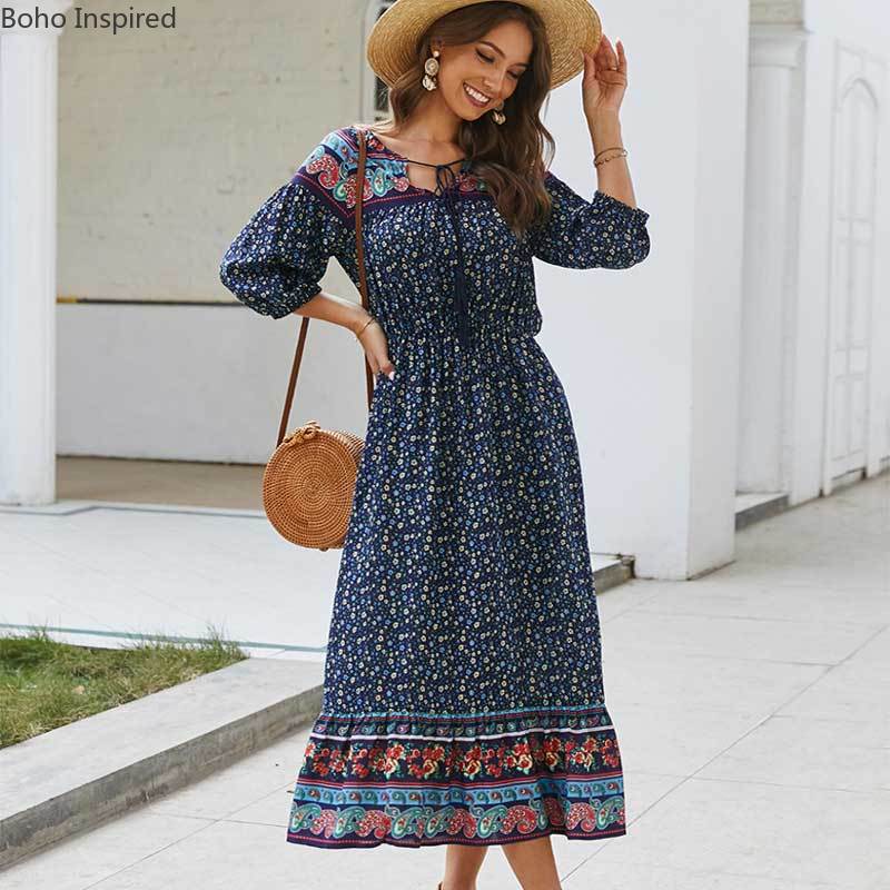 Boho inspiroitu kukkaprintti pitkä boho mekko puuvilla kevät kesä mekko tupsu sidottu v-pääntie rento naisten mekko boheemi mekko: Sininen / S