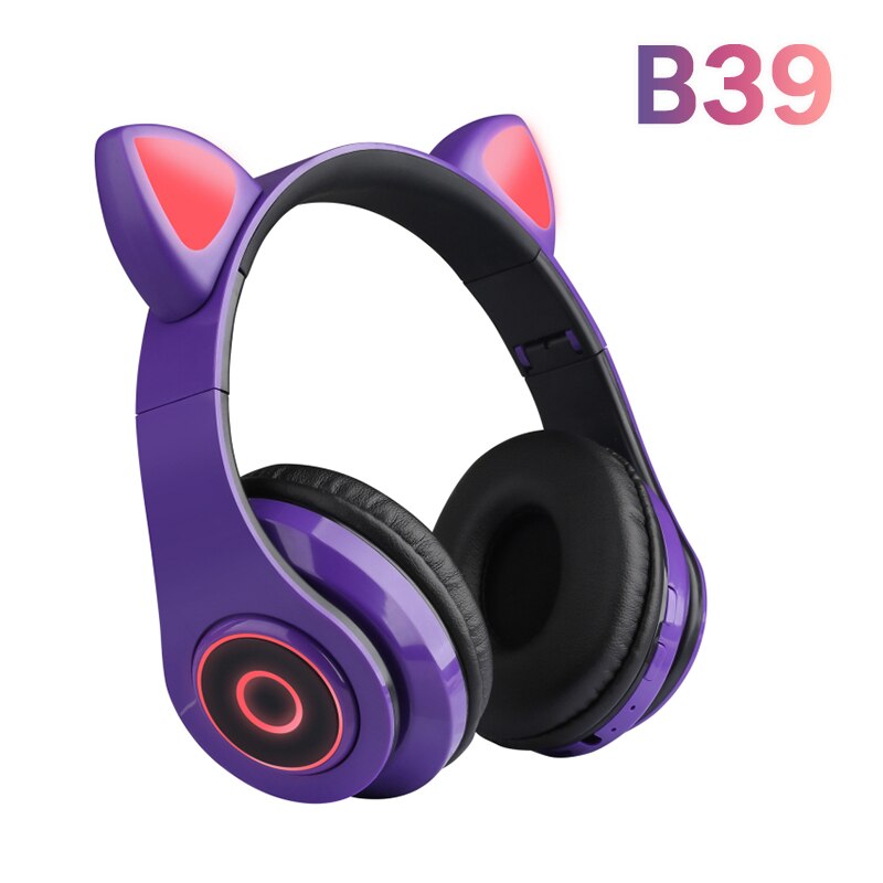 Cute Cat Ear Headphones Wireless Bluetooth 5.0 Adults Kids Girls Glowing LED Headset Support TF Card With Mic for: 03 purple B39