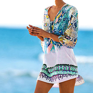 Badedragt dække ups kaftan strand strand tunika strand dække op print slange robe de plage dække op strand kjole badetøj: Blå som billede