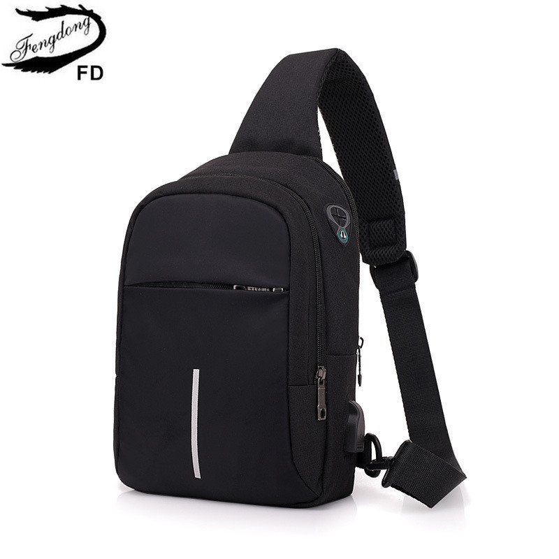 FengDong small crossbody bags for men one shoulder sling chest bag pack casual mini messenger bag with usb port