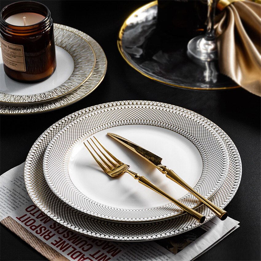 European Style Gold Side Steak plates Retro Tableware Western food plates Dessert Tray Kitchen Dinner Ceramic Pasta plates