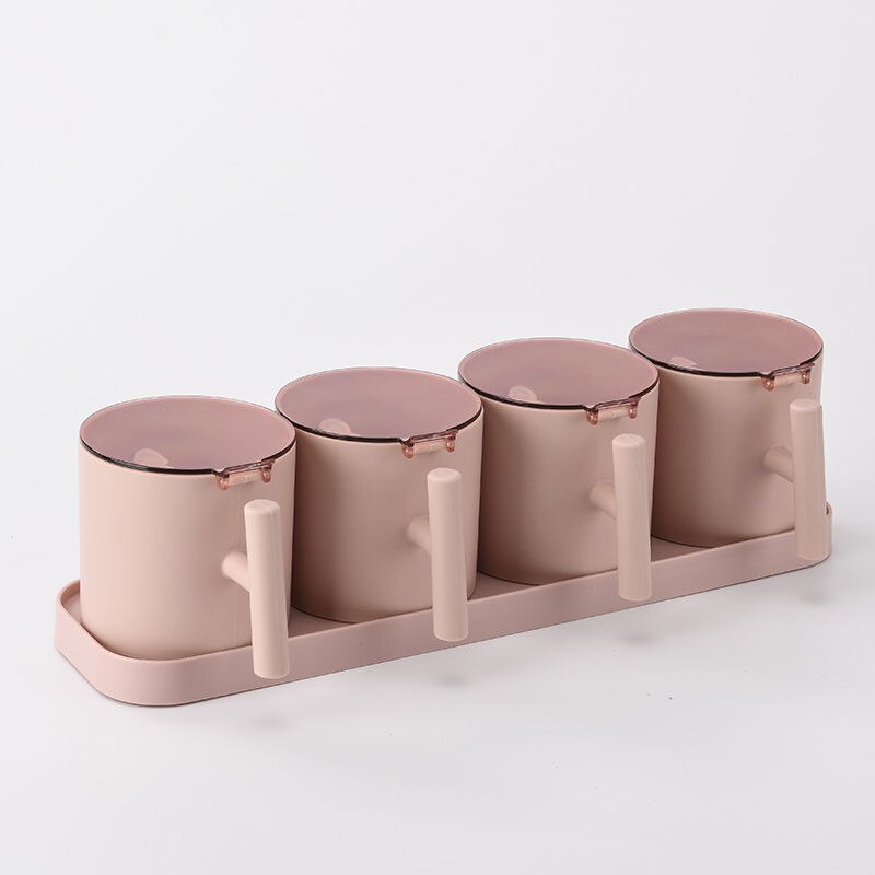 Seasoning Box Kitchen Combined Seasoning Tank Round Plastic Salt Tank Seasoning Box Set Seasoning Box: Pink-4