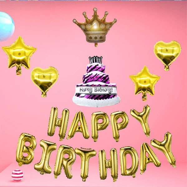 Gelukkige Verjaardag Ballonnen Banner Met 2Pcs Star Mylar Ballonnen 2 Stuks Hart Mylar Ballonnen 1Pcs Kroon Ballon 1 stuks Verjaardagstaart Bal