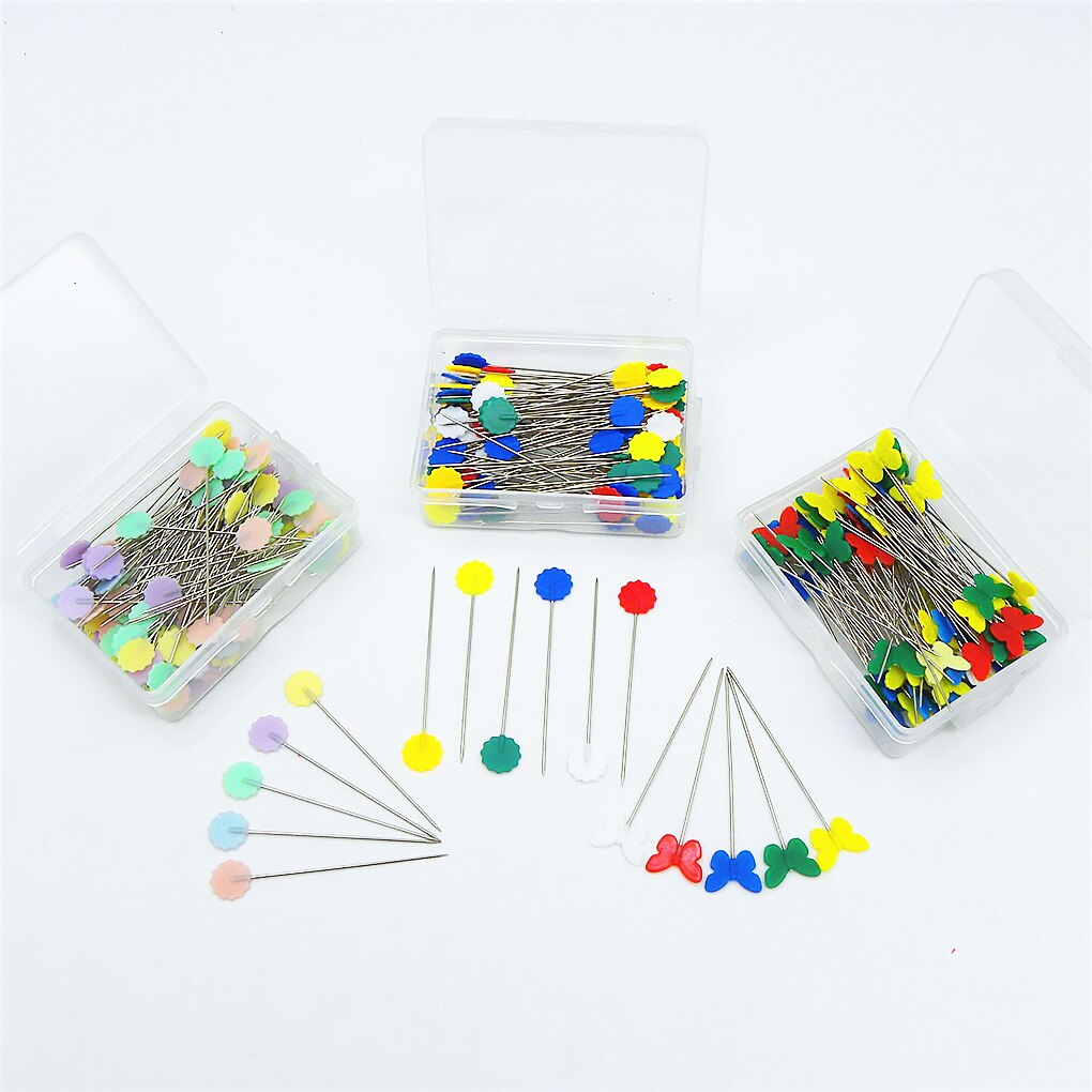 Alfileres de cabeza plana de plástico, 100 uds, alfileres rectos acolchados, agujas de coser de Color mezclado