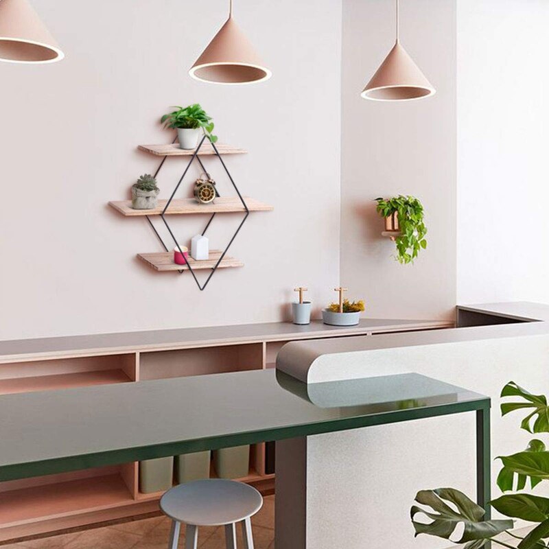 Estante de pared de madera rústica, estante de pared decorativo, pared de diamante geométrico de 3 niveles