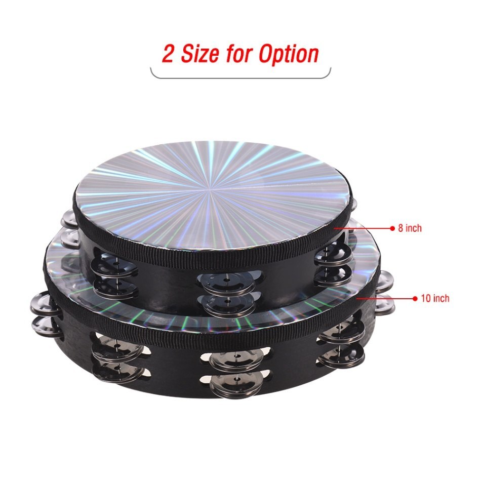 8 Inch Wooden Radiant Tambourine Handbell Hand Drum with Double Row Jingles Reflective Drum Head Percussion Instrument: 8 inch