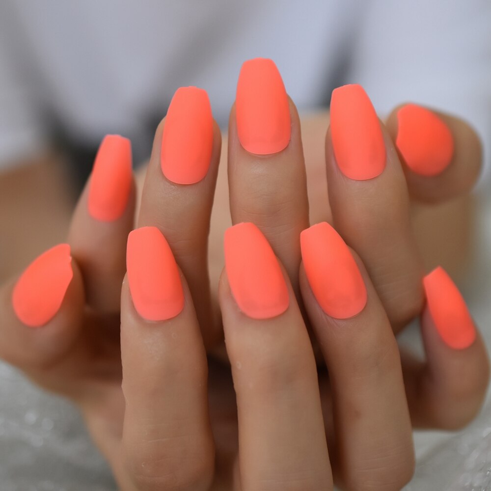 Néon Orange presse sur Ongles ballerine mat Faux Ongles couleur unie moyen manucure Art conseils avec onglets adhésifs