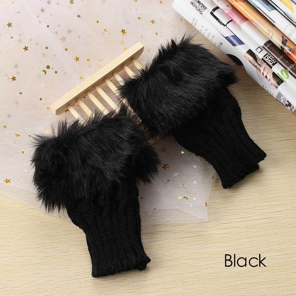 1 paar Wolle Mischung Faux Kaninchen Pelz Frauen Finger Handschuhe Gestrickte Häkeln Winter Dicke Handschuhe Warme Handschuhe Weibliche: Schwarz