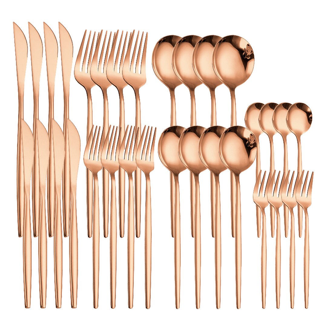Pink Gold 32Pcs Cutlery Set Stainless Steel Dinnerware Mirror Resueable Luxury Home Knife Spoon Fork Tableware Set Flatware Set: rose gold 4sets