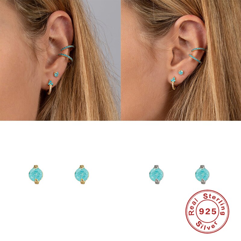 ROXI Simple Small Round Stud Earrings for Women Blue Crystals Wedding Piercing Earring Cartilage 925 Sterling Silver Orecchini