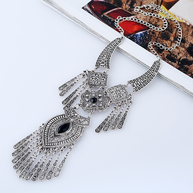 Collares llamativos étnicos exagerados Vintage para mujer, collares con borlas de gota de agua talladas de Color plata antigua, joyería Bohemia: Rojo-marrón