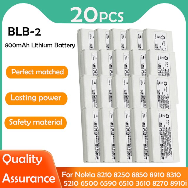 2-20PCS 800mAh BLB-2 BLB2 BLB 2 Li-ion Phone Battery For Nokia 5210 6500 6590i 6510 3610 8210 8250 8910 8910i Replacement Cell: 20PCS