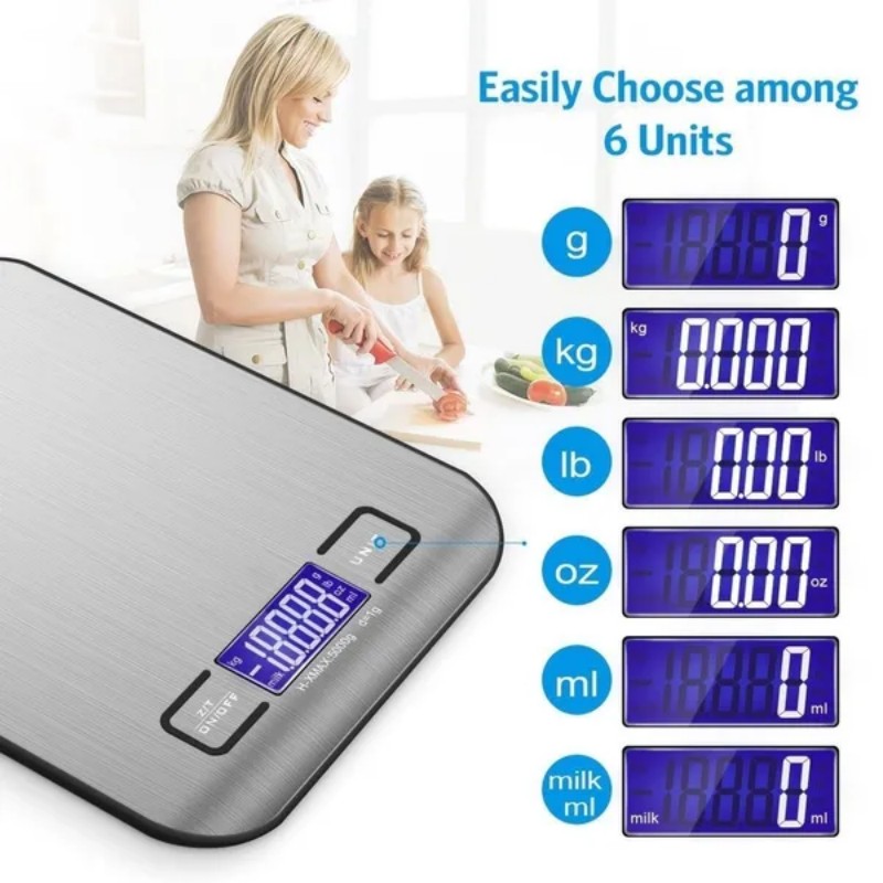 Display LCD da 5/10 kg Bilancia elettronica da cucina digitale Pannello in acciaio inossidabile Ricarica USB Bilancia precisa con piattaforma piccola portatile