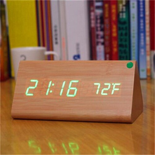 triangular wooden clock,sound control,thermometer,4 color LED display,digital desktop bedroom alarm clock on desk: bamboo clock green