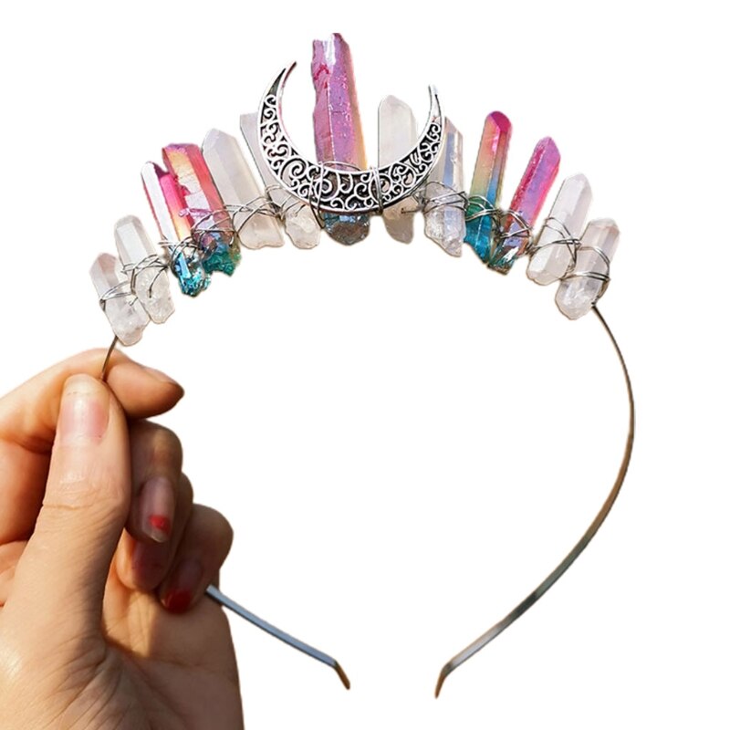 Handmade Faux Raw Crystal Headband Quartz Black Moon Bridal Alloy Tiara Crown Ladies Wedding Party Bridal Jewely Headdress