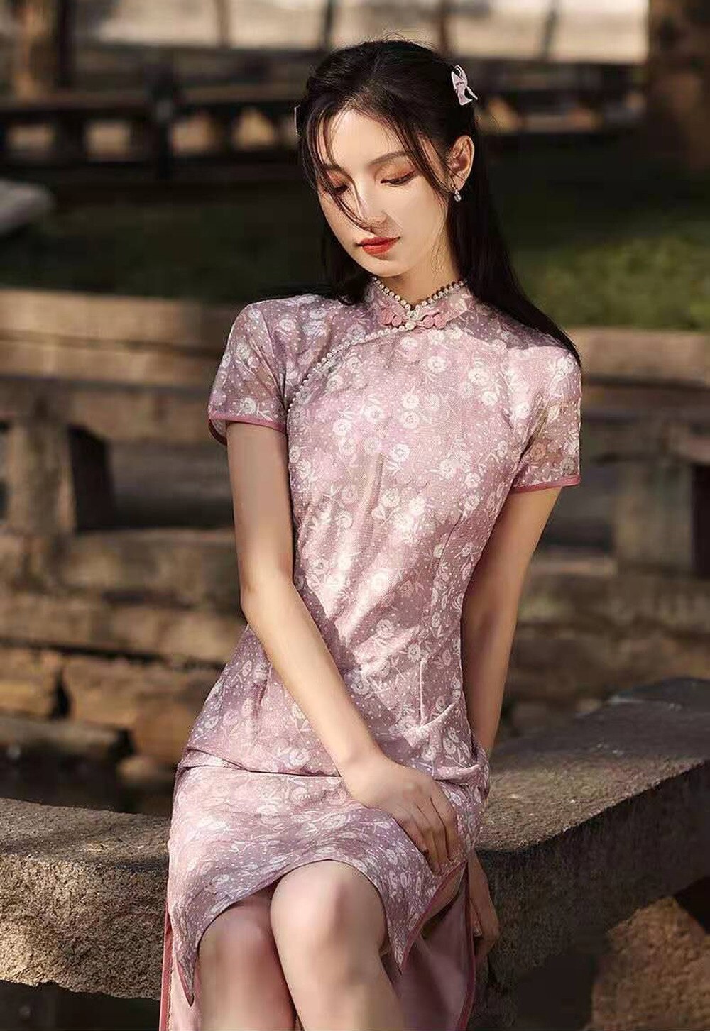 De talla grande 2XL Rosa dividida vestidos Cheongsam moderno largo mujer de seda de estilo chino Qipao vestido ropa tradicional