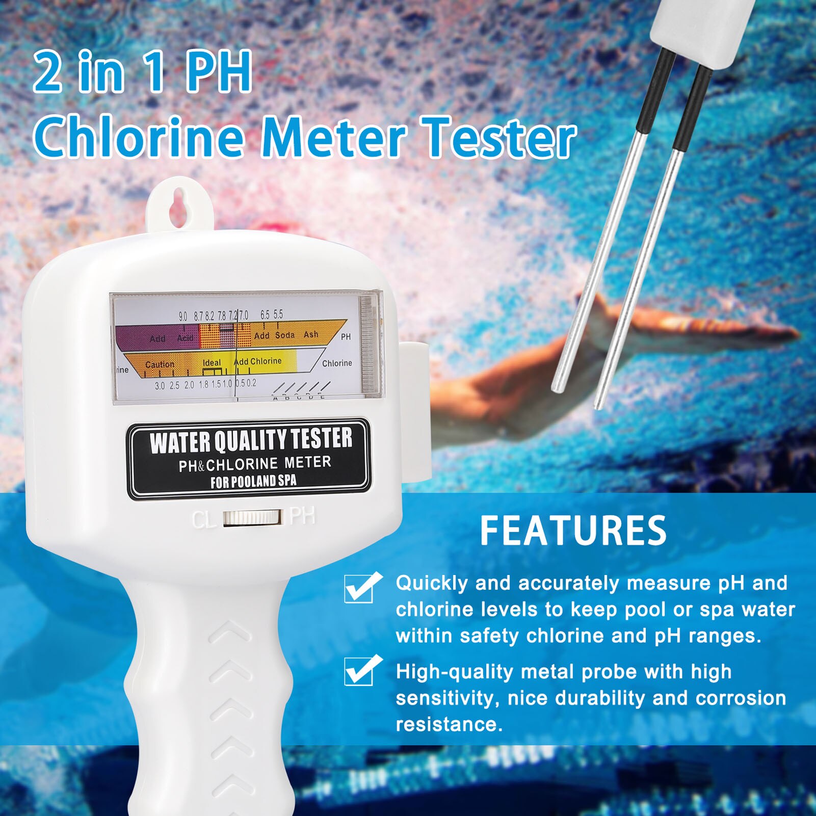 2 in 1 Water Tester Portable PH Chlorine Level Meter Digital Water Analyzer CL2 Measuring Device with Probe