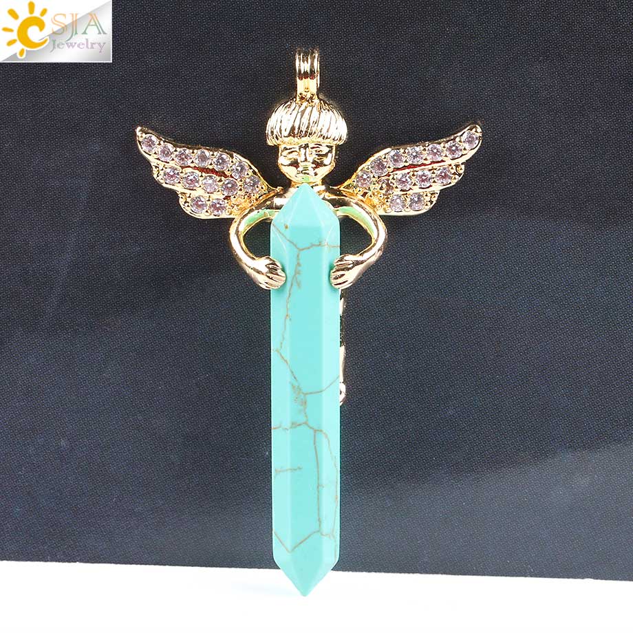 CSJA Gli Uomini e Le Donne Amano Regalo di Cristallo Naturale Gemma di Pietra Lunga Spada Esagonale Prisma Cupido Ali di Angelo Pendenti Con Gemme E Perle per Collane e818: Turquoise A