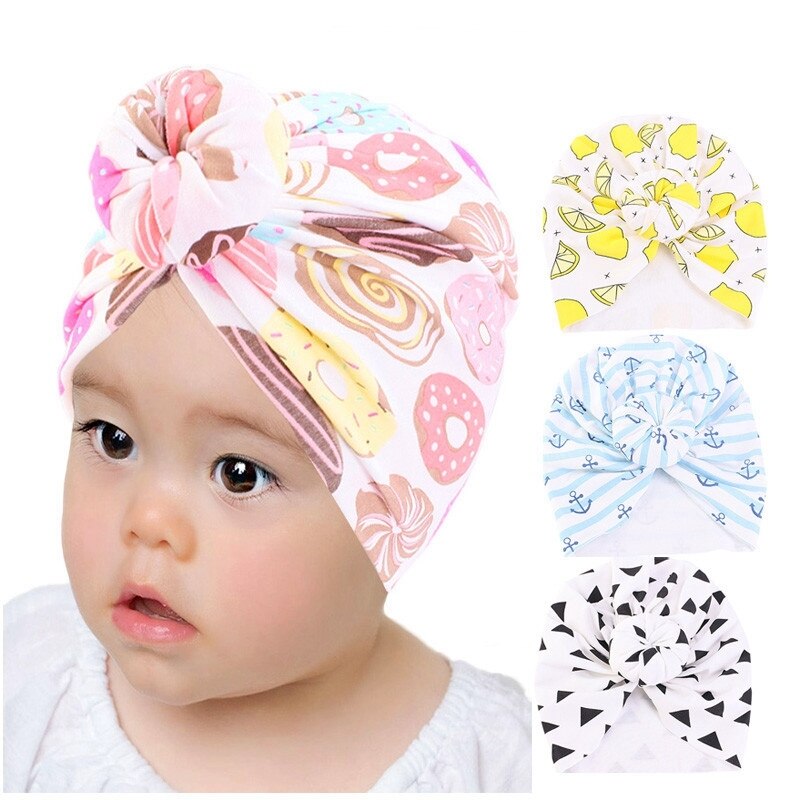 Baby Hair Cap For Sleeping American Cotton Donut Printing Turban Hat Elastic Bonnet Headband European Children's Hood