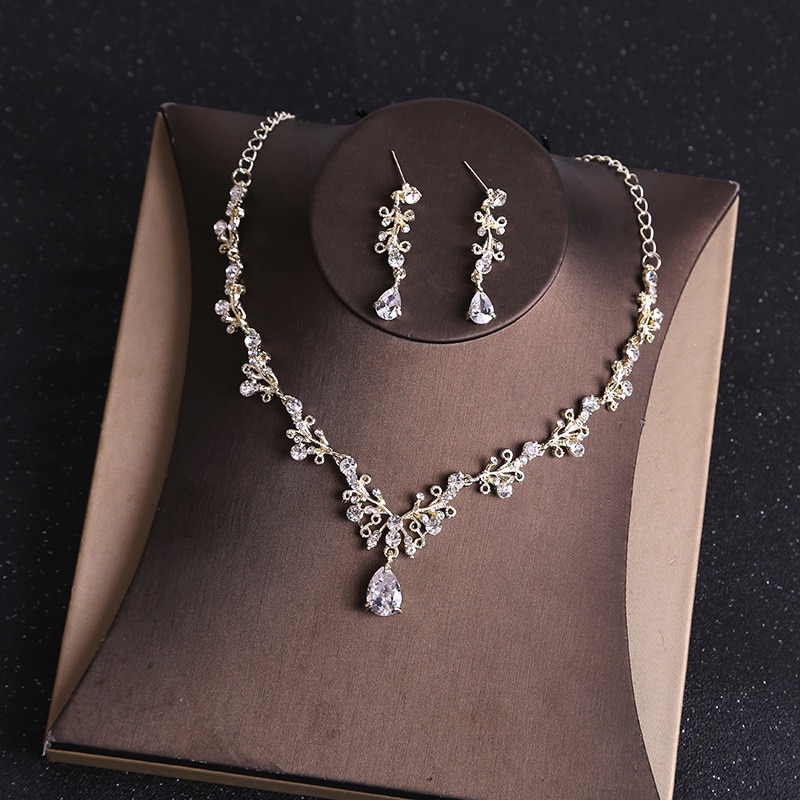 Kmvexo Kostuum Bruids Sieraden Sets Rhinestone Crystal Gold Tiara Kroon Oorbellen Ketting Bruiloft Bruid Luxe Sieraden Set