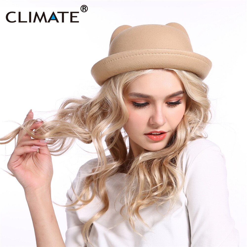 CLIMATE-Sombrero de fieltro con orejas de gato para mujer, sombrero de lana de poliéster, bonito, a la