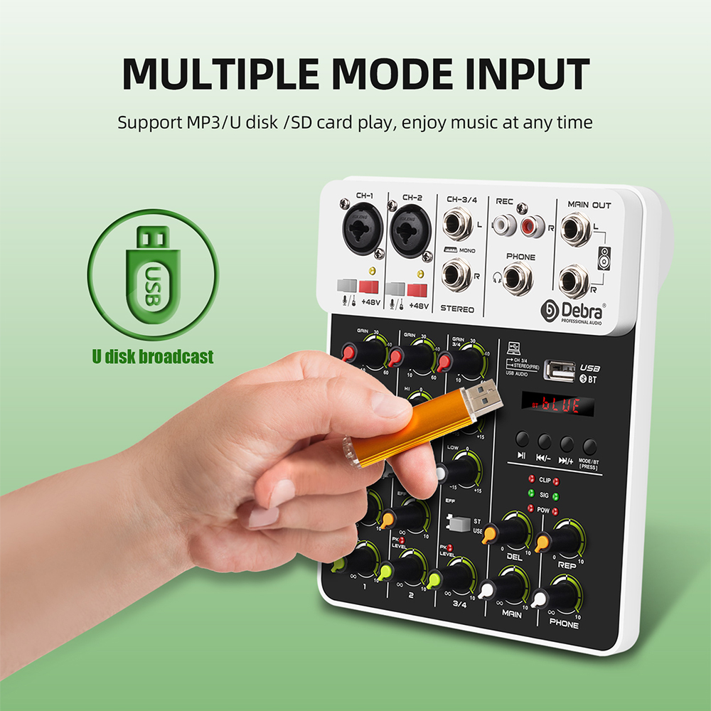 Mezclador de Audio Debra V4 de 4 canales con Bluetooth USB 48V efecto repetido de retardo de energía fantasma para consola mezcladora de sonido grabación de PC