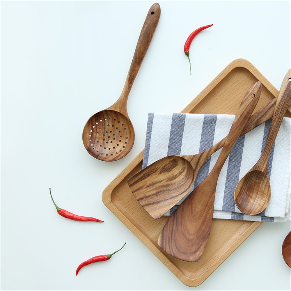Træske thai teak træ service suppe ris krydderier ske skovl dørslag spisestel køkken sunde redskaber værktøj 1 stk.