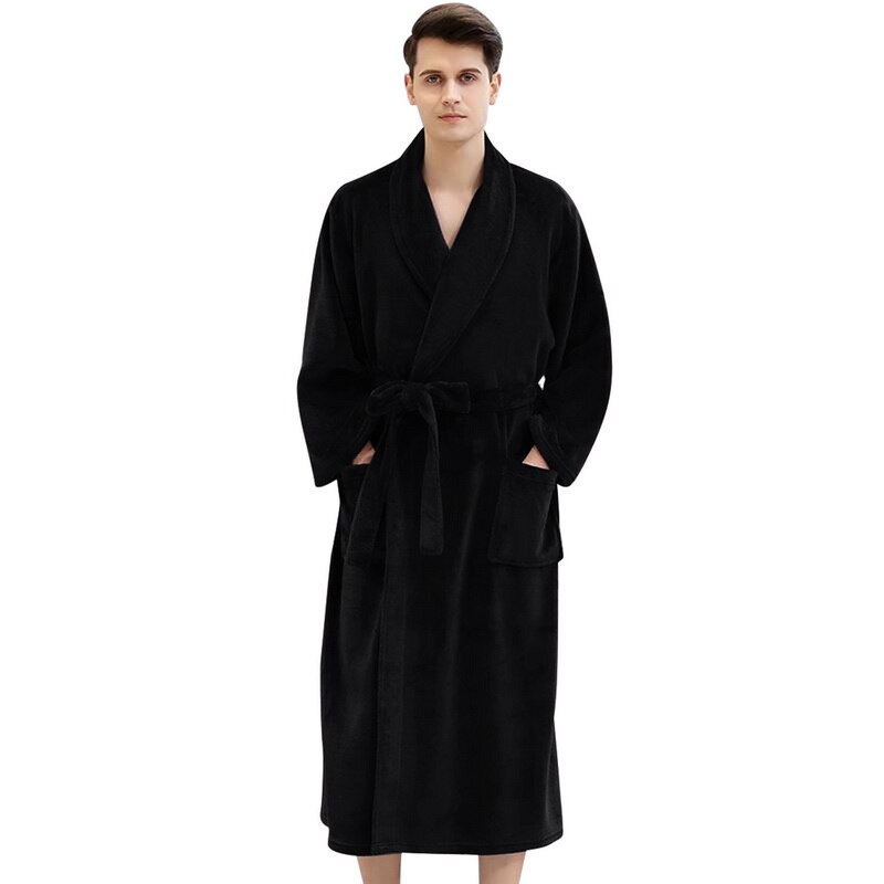 Men's Waffle Hotel Bathrobe Spa Robe Water Absorbing Nightgown Japanese-style Kimono Shawl Collar robe Night Gown: Man Black / L