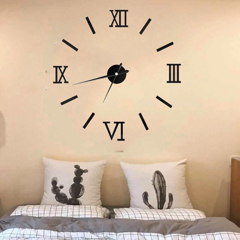 Number Wall Clock 3D Modern DIY Interior Roman Wall Clock 3D Mirror DIY Decor Wall Stickers Black