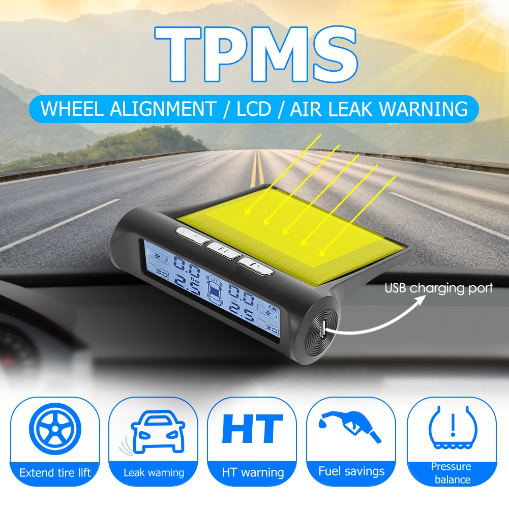 Solar Power Car TPMS Automobiles Tyre Tire Pressure Monitoring System with 4 External Internal Sensor